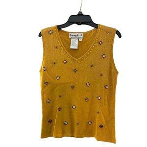 Joseph A Sweater Vest Womens M Gold Silk Blend Beaded Metallic V-Neck Y2K Glam